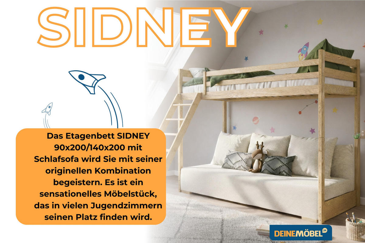 ETAGENBETT SIDNEY 90x200 in Kiefer / Creme - Creme/Kieferfarben, Holz/Holzwerkstoff (90/200cm) - Deine Möbel 24