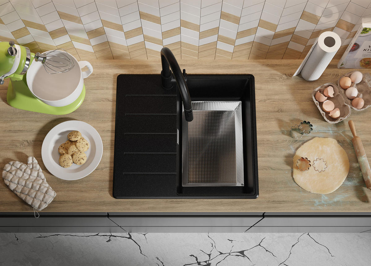 SPÜLBECKEN Kopenhagen, 2-er set Alles Schwarz 55/50 cm 1 Becken + Ablauf-Set + Schneidebrett ab 40er Unterschrank - Schwarz, Kunststoff (55/20/50cm) - Primagran