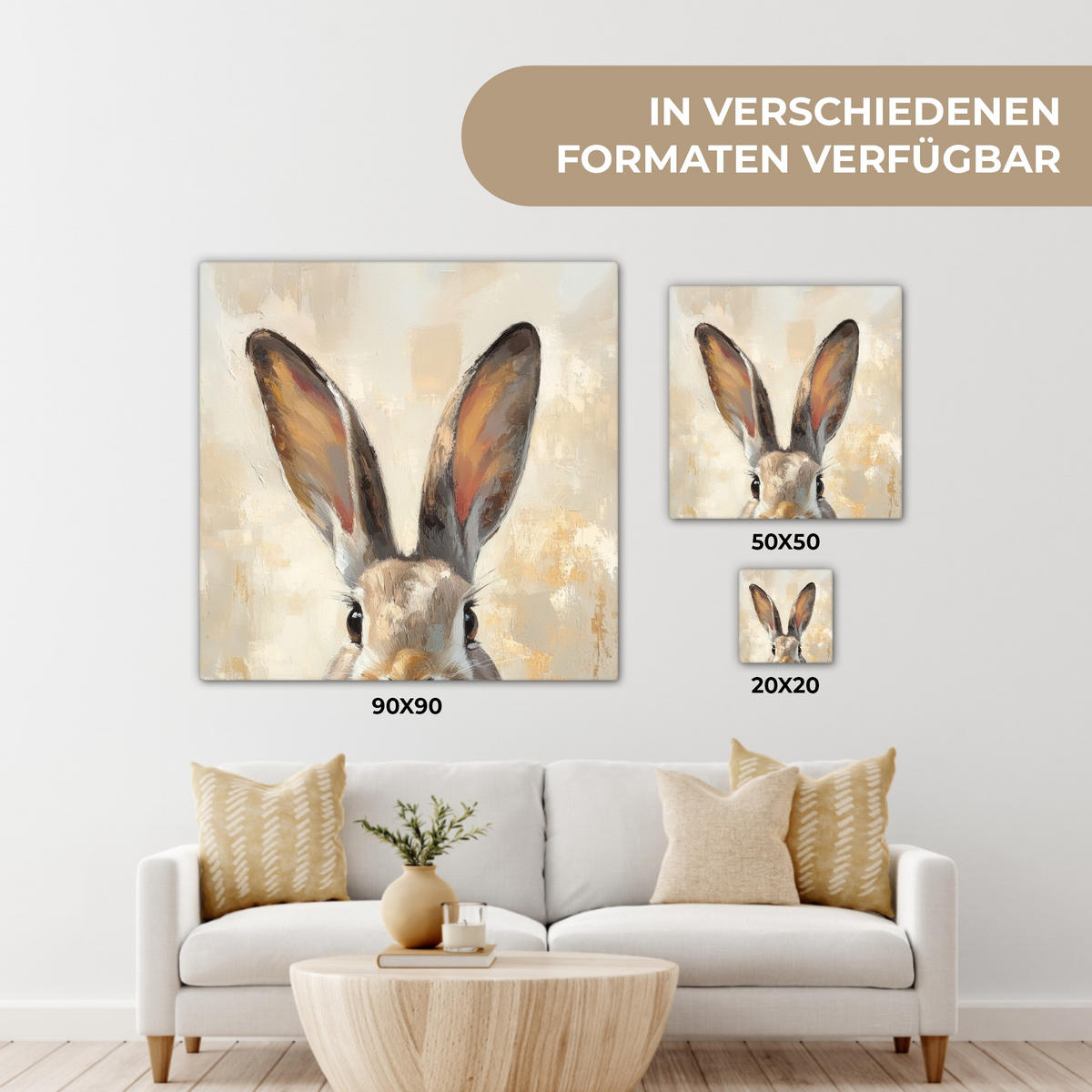 LEINWANDBILD Hase - Ohren - Braun Deko Groß 90x90 cm - Beige, Textil (90/90cm) - MuchoWow
