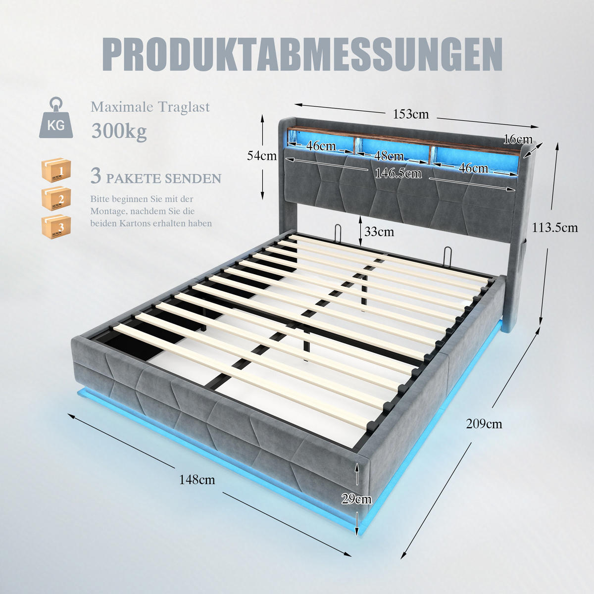 POLSTERBETT 140/190 cm in Dunkelgrau mit Regal, LED und USB/Type-C Samt - Dunkelgrau, Holzwerkstoff/Textil (140/190cm) - STILVORA