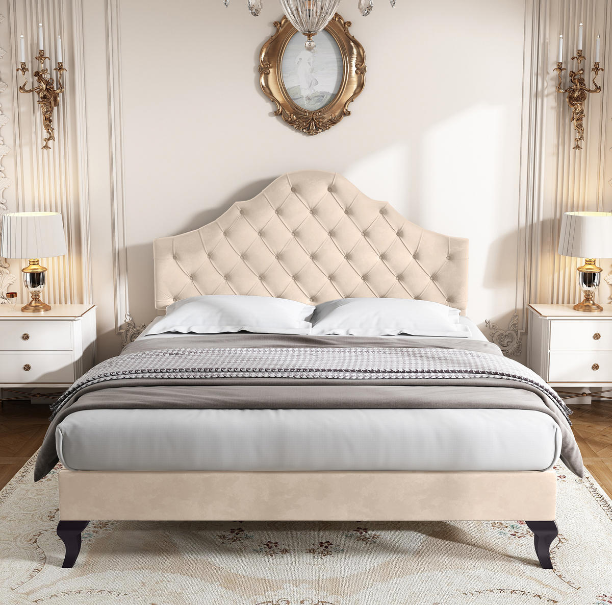 POLSTERBETT 140/190 cm beige aus Samt mit höhenverstellbarem Kopfteil - Beige, Textil (140/190cm) - OKWISH