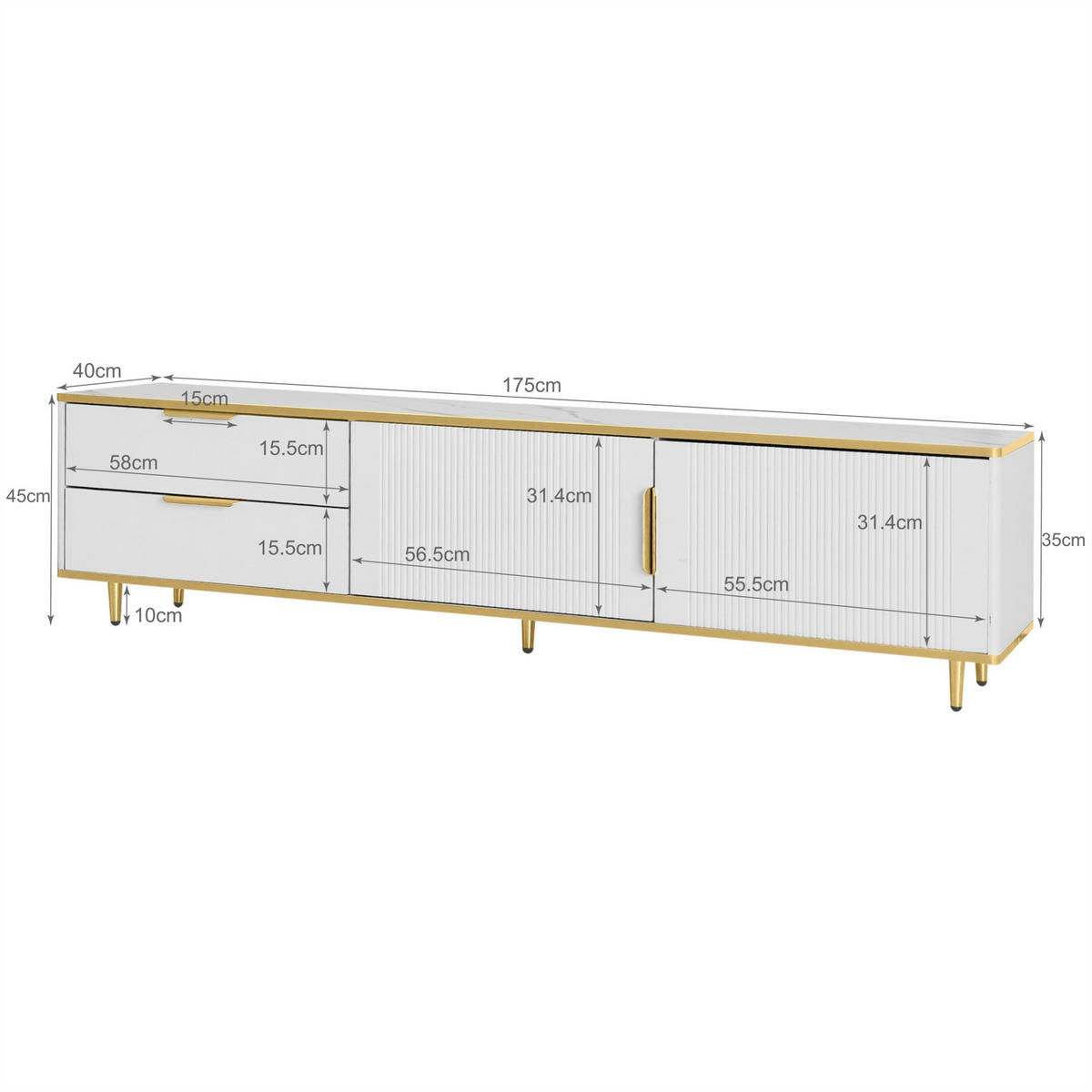 TV Lowboard 2 Türen, 2 Schubladen, goldene Füße, Weiß - Weiß, Holz (175/45/40cm)