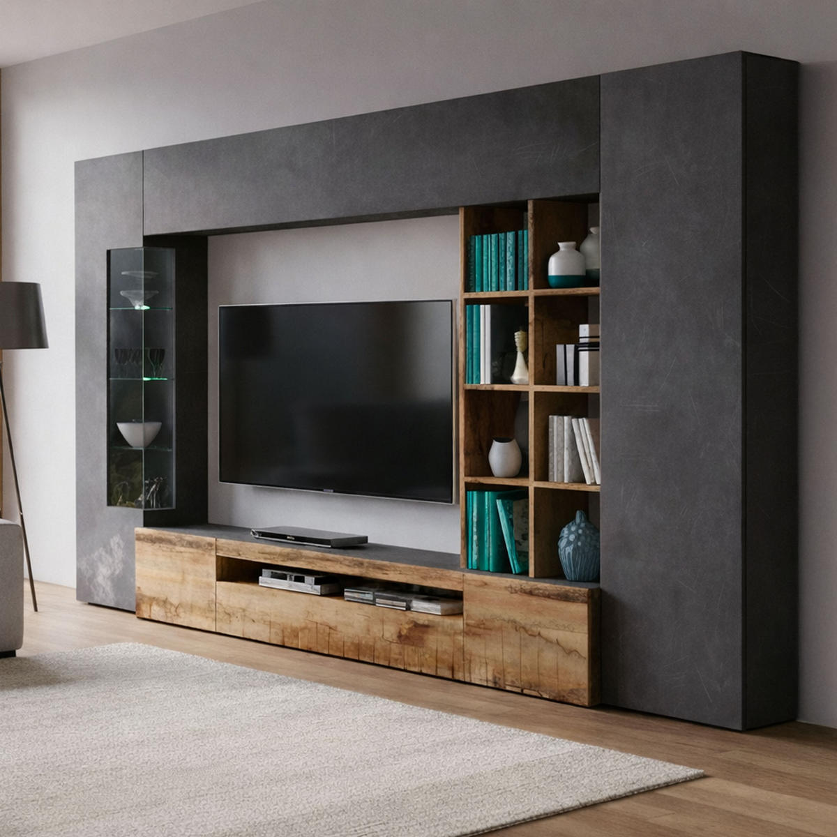 WOHNWAND Holz-Effekt Ahorn, Schiefer 40x290h192 - Schieferfarben/Ahornfarben, Holzwerkstoff (290/192/40cm) - DMORA