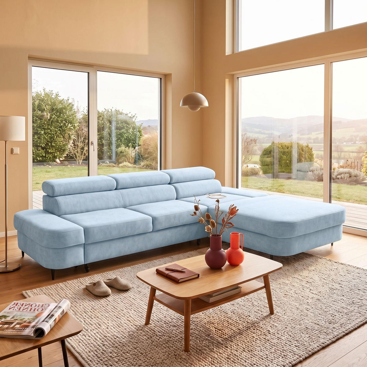 ECKSOFA JAZZ L Rechts mit Schlaffunktion 127x216 Velours Hellblau - Schwarz/Hellblau, Holz/Textil (237/285cm) - Muffo