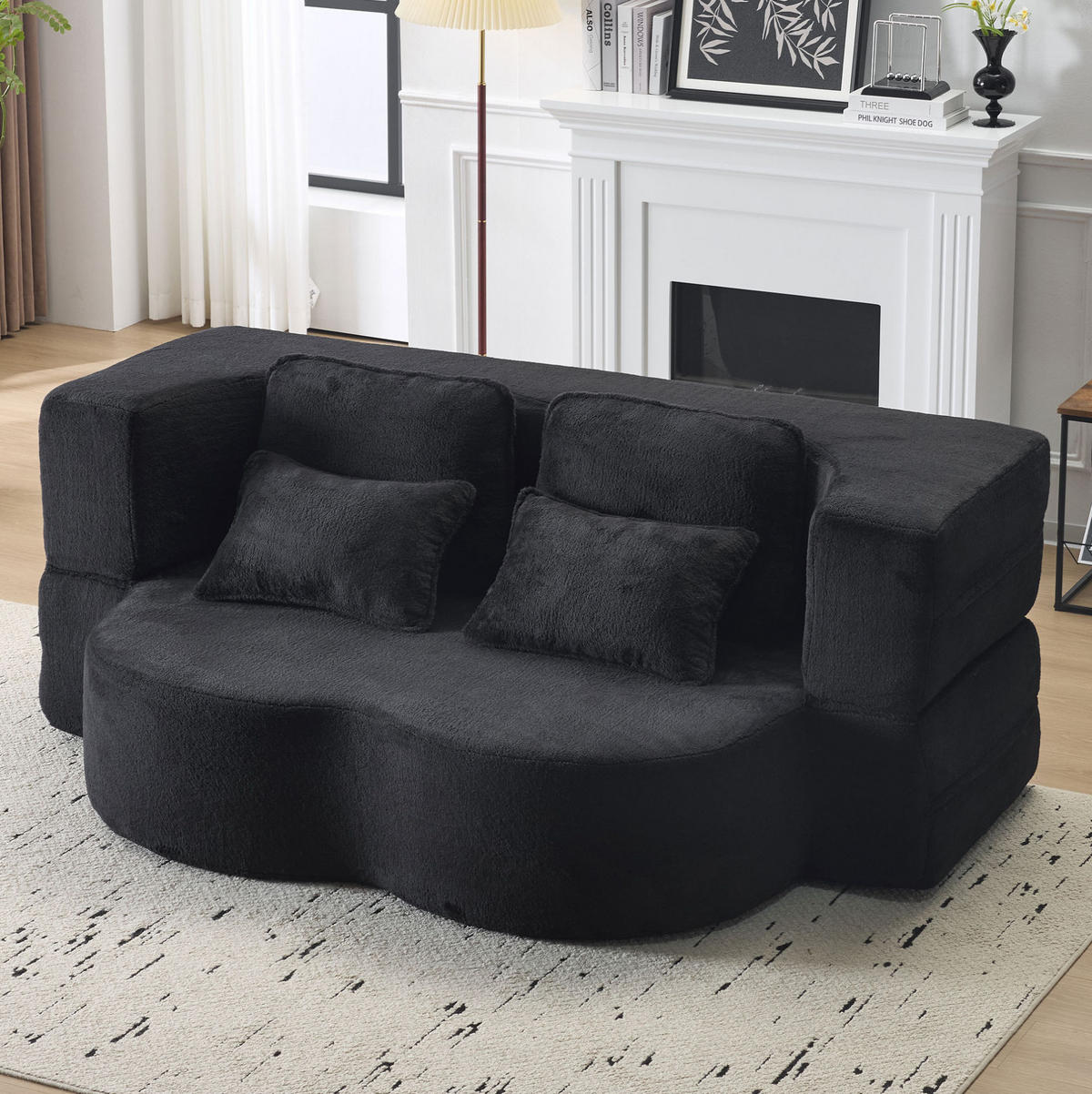 SCHLAFSOFA aus Stoff und Schaumstoff Schwarz mit 4 Kissen, klappbar, ergonomisch und sofort nutzbar - Schwarz, Textil (198/76/60cm) - Modfu