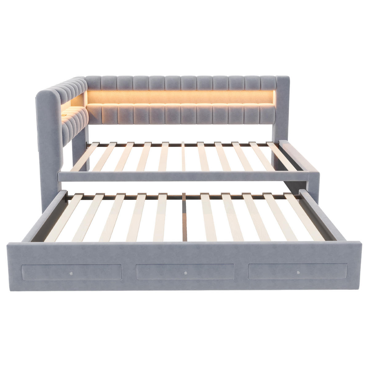 POLSTERBETT Schlafsofa aus Samt 90x190 cm Dunkelgrau mit Ausziehbett, Schubladen, LED und USB-/Typ-C-Anschlüssen - Grau, Textil (90/190cm) - Modfu