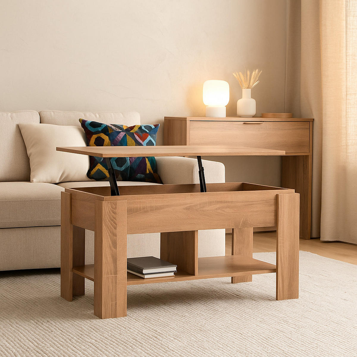 COUCHTISCH mit Lift-Top, Stauraum und Ablagefach, Eiche Optik - Braun, Holz (96/50/47cm) - Urban Meuble