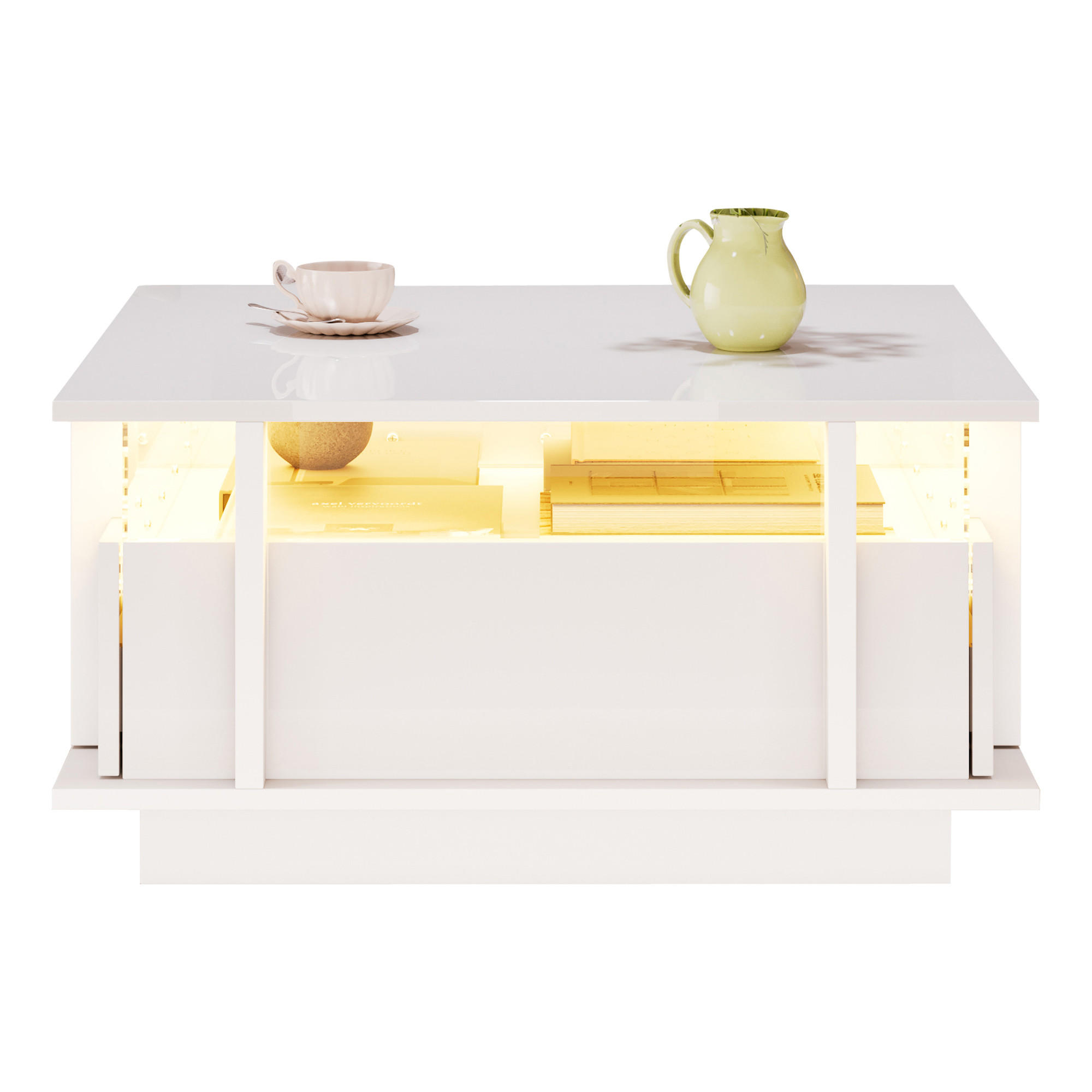 COUCHTISCH in Weiß Sofatisch Hochglanz mit 2 Schubladen, LED & Acryl-Trennwand, Sofatisch für Wohnzimmer,B70/T70/H35cm - Weiß, Holzwerkstoff/Metall (70/70/35cm) - STILVORA