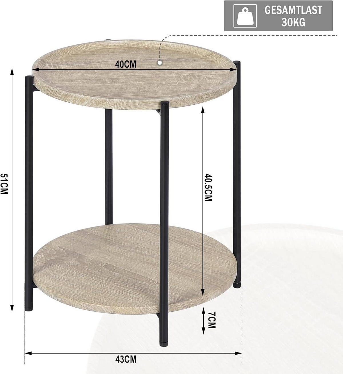 COUCHTISCH rund, mit 2 Ablagen, Helle Eiche - Eichefarben/Schwarz, Holzwerkstoff/Metall (43/43/51cm) - Woltu