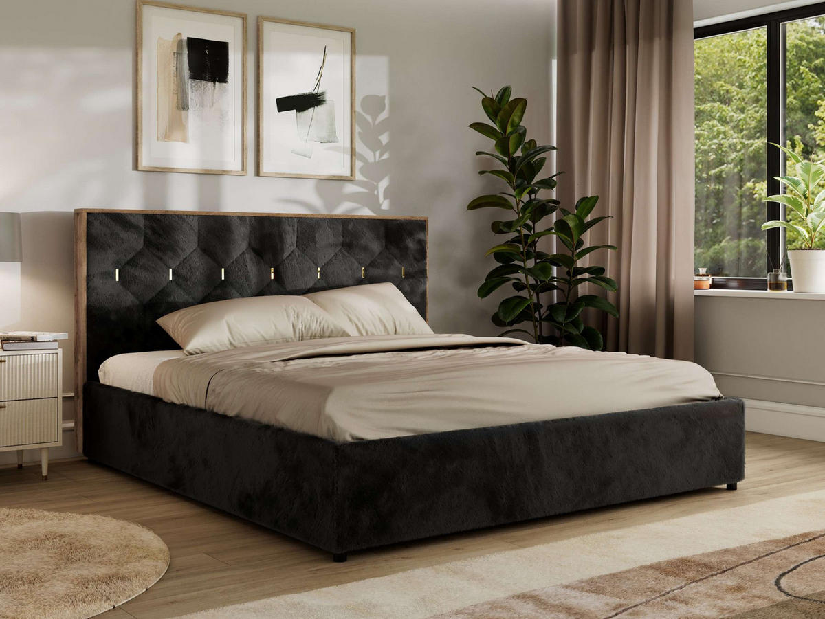 POLSTERBETT LARINO CLASSIC 160/200 - Schwarz Plüsch - ohne Matratze - Schwarz, Textil (160/200cm) - MKS