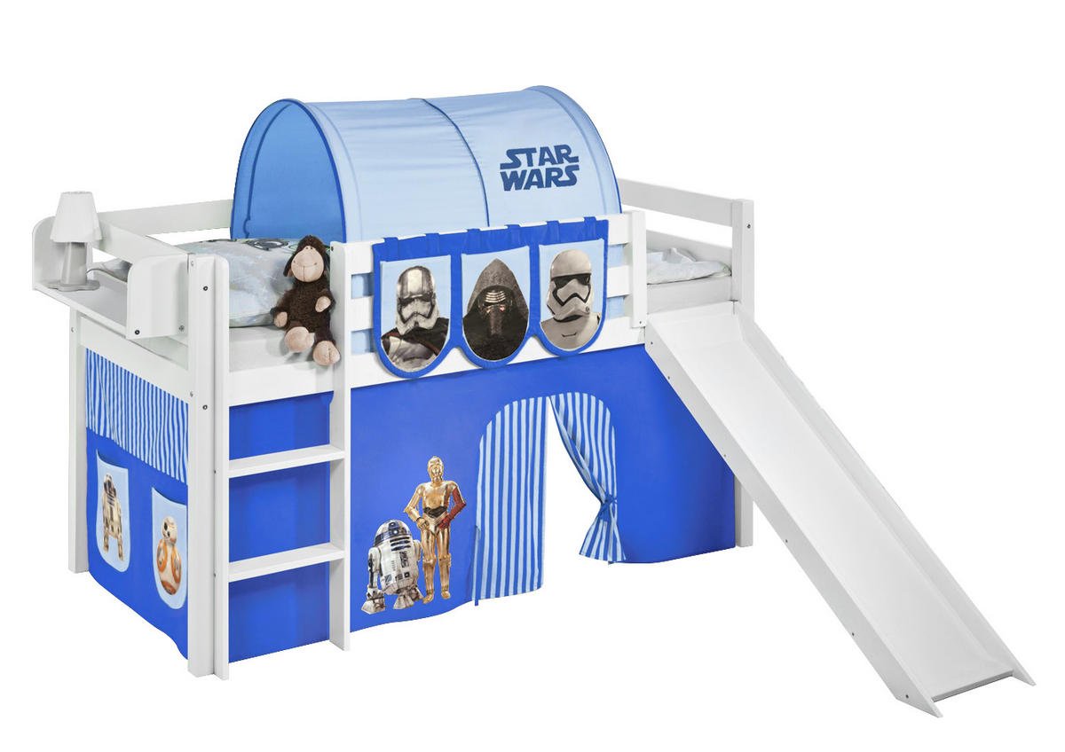 SPIELBETT JELLE Star Wars Blau - Hochbett - mit Rutsche und Vorhang - Weiß, Holz - Lilokids