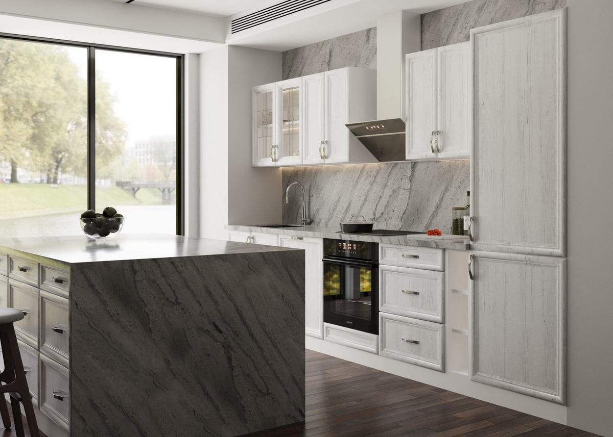 INSELKÜCHE Sycylia Weiß Creme – 340 cm + Insel 180 cm – K29-G340 - Silberfarben/Creme, Holzwerkstoff/Metall (340/212/60cm) - ROYAL24_MARKT
