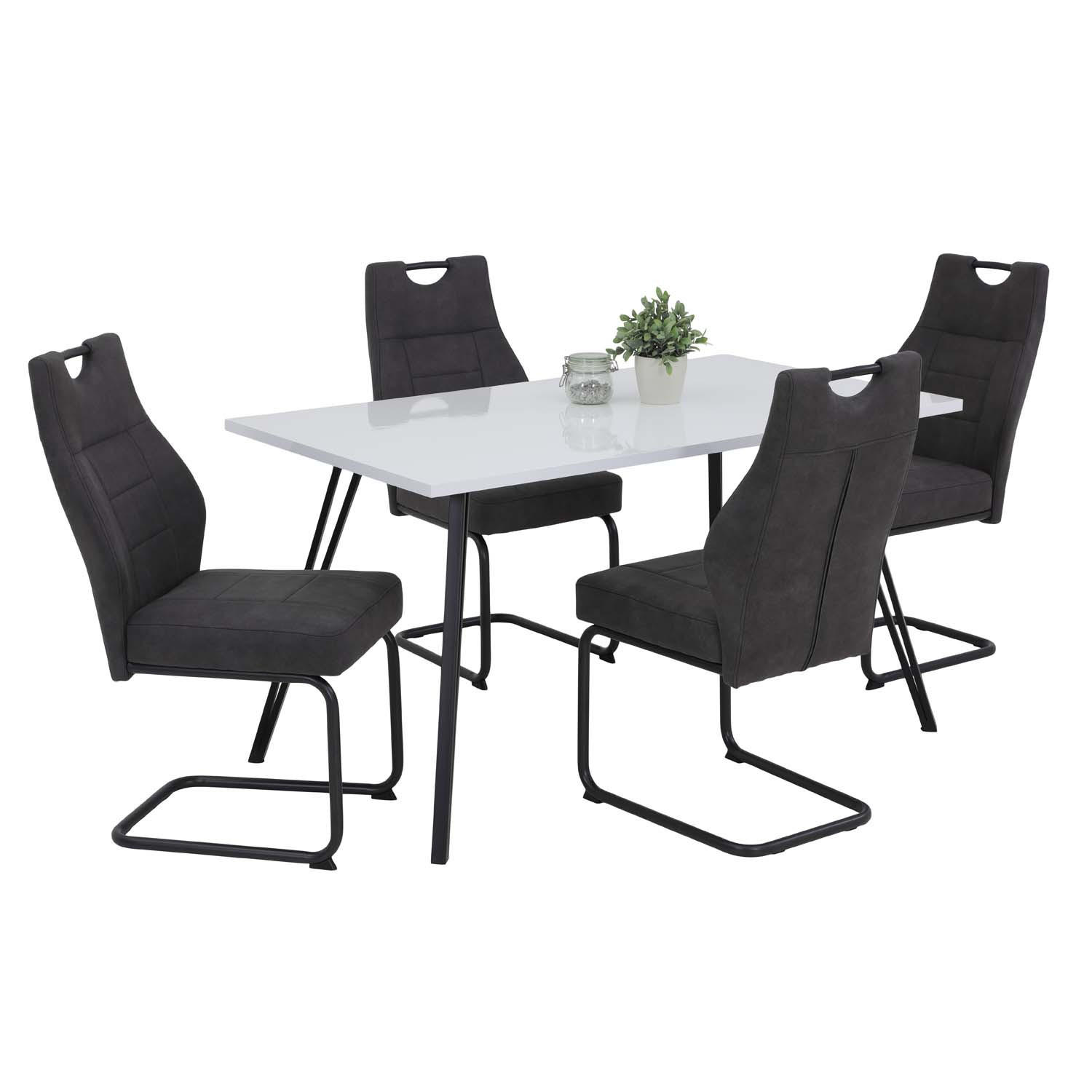 ESSGRUPPE Tiara, 5 tlg. - Tisch Weiß, 4 Stühle Anthrazit - Weiß Hochglanz/Anthrazit, Holzwerkstoff/Textil (140/76/80cm) - Möbel Stellbrink