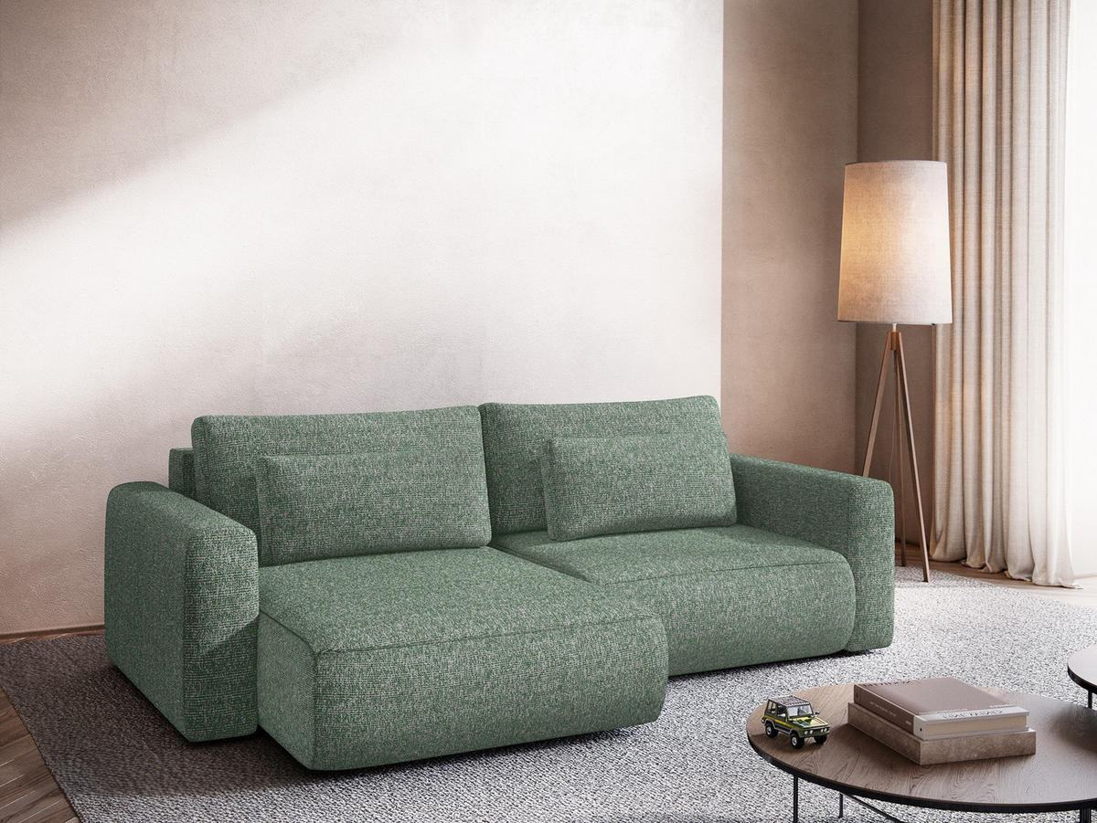 ECKSOFA mit Schlaffunktion Strukturstoff Stoff Grün - Schwarz/Hellgrün, Kunststoff/Textil (149/240cm) - Makamii