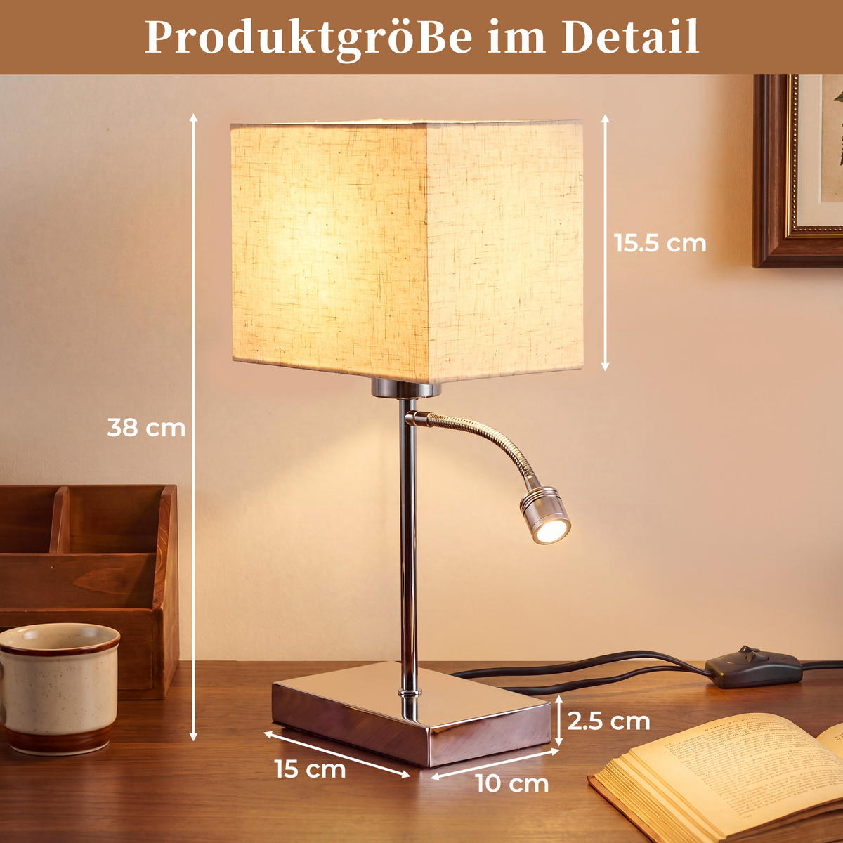 TISCHLAMPE Xylox 15/10/38 cm - Chromfarben/Braun, Textil/Metall (15/10/38cm) - ZMH