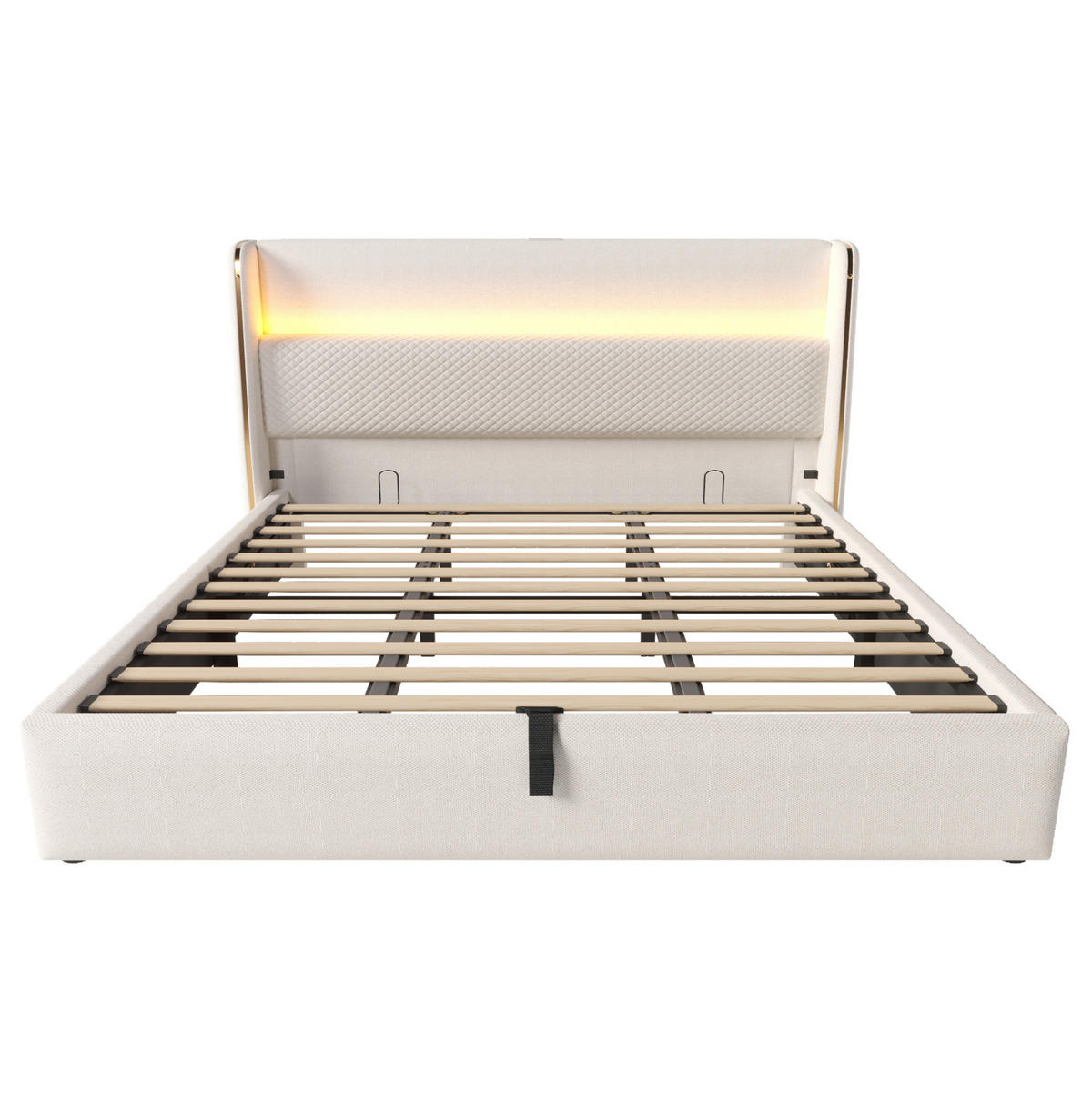 POLSTERBETT aus Leinen, Holz und Metall 180x200 cm Beige mit LED, USB/Type-C und Bettkasten - Beige, Textil (180/200cm) - IVMEU