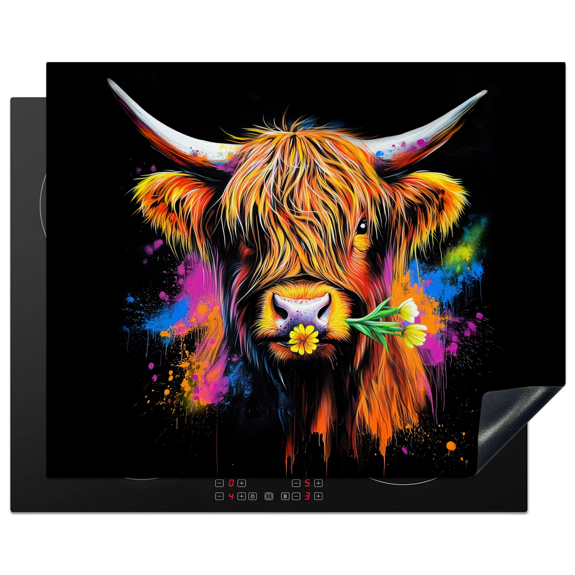 ZAŠČITA ZA INDUKCIJSKO PLOŠČO Grafiti višinskega goveda 65x52 cm cm - večbarvno, umetna masa (65/52/0.2cm) - MuchoWow