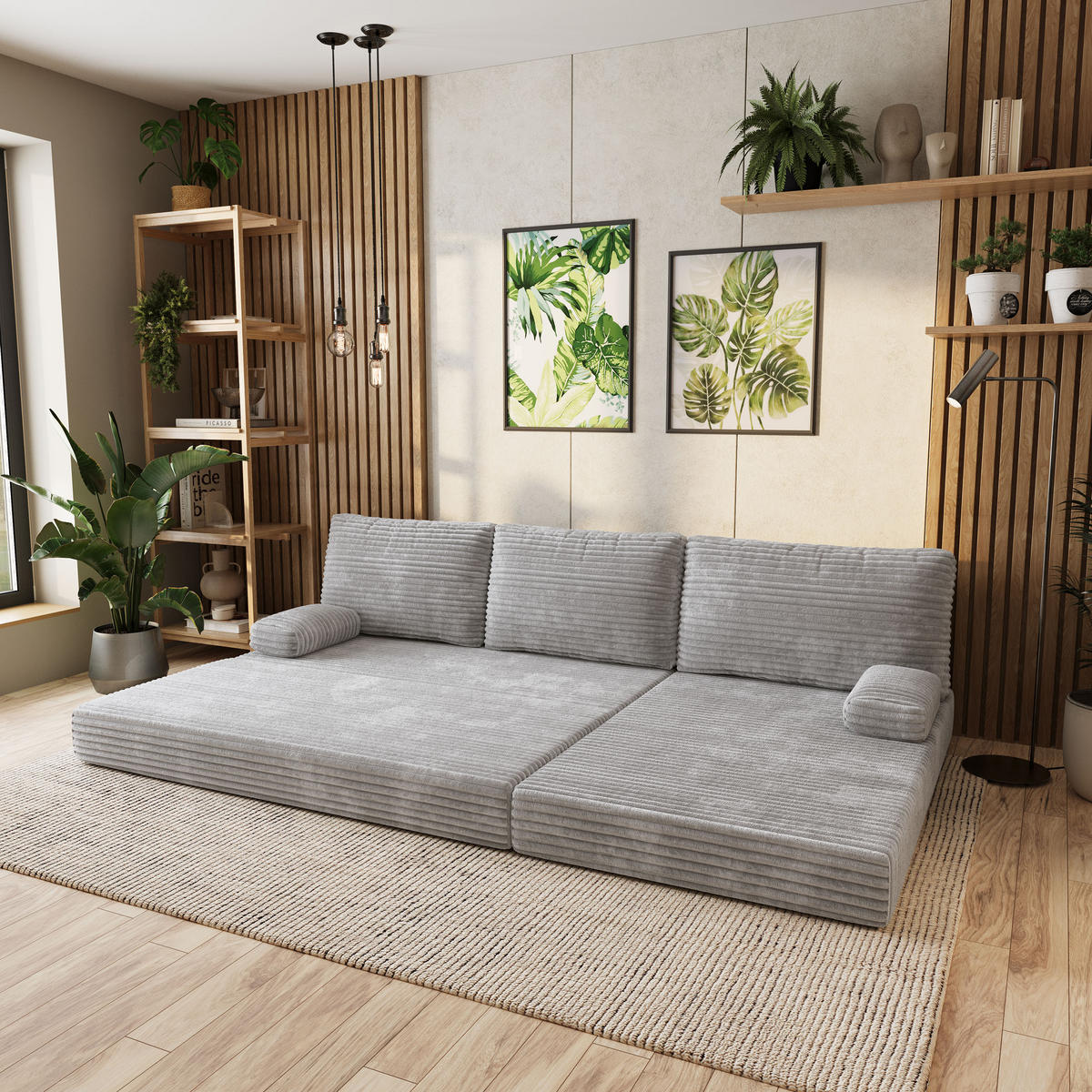 ECKSOFA ANKO modulares Boneless Sofa mit Schlaffunktion Hellgrau Kordstoff - Grau, Textil (270/160cm) - MASSENO