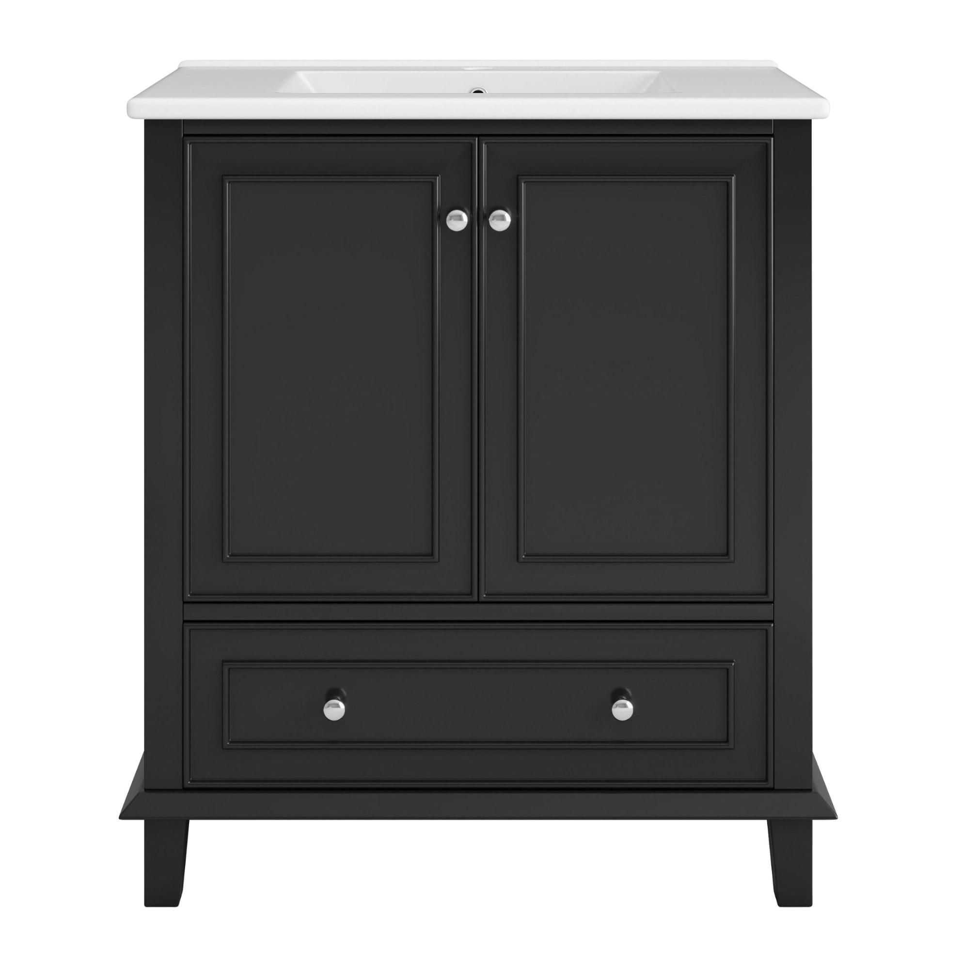 Modfu KOUPELNOVÁ skříňka s umyvadlem z MDF a keramiky 76x46x87 cm bílá/černá s 2 dvířky, zásuvkou a nastavitelnou policí