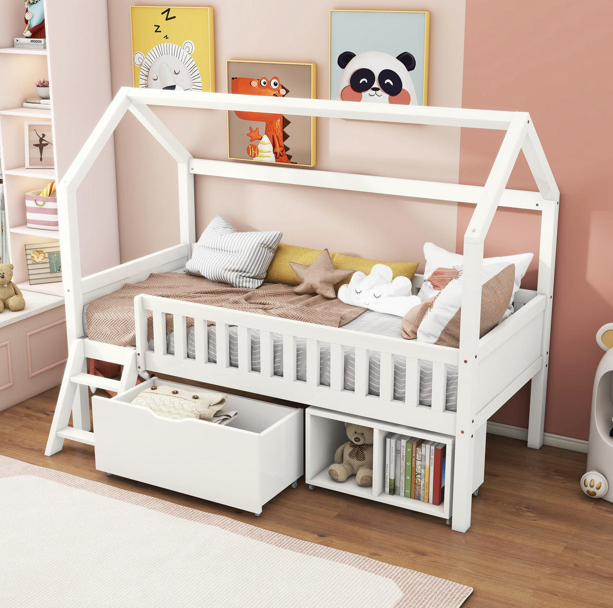 HAUSBETT 90x200 cm in Weiß mit Schubladen, Staufächern und Rausfallschutz - Weiß, Holzwerkstoff (90/200cm) - IVMEU