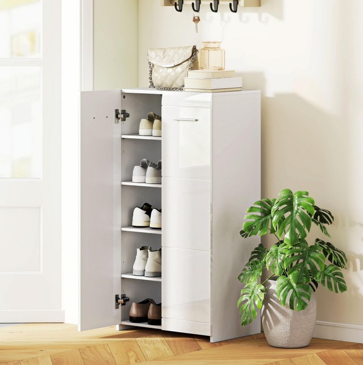 SCHUHSCHRANK aus Spanplatte 36x55x108 cm Weiß Hochglanz mit verstellbaren Regalböden und Türen - Weiß, Holz (55/108/36cm) - Modfu
