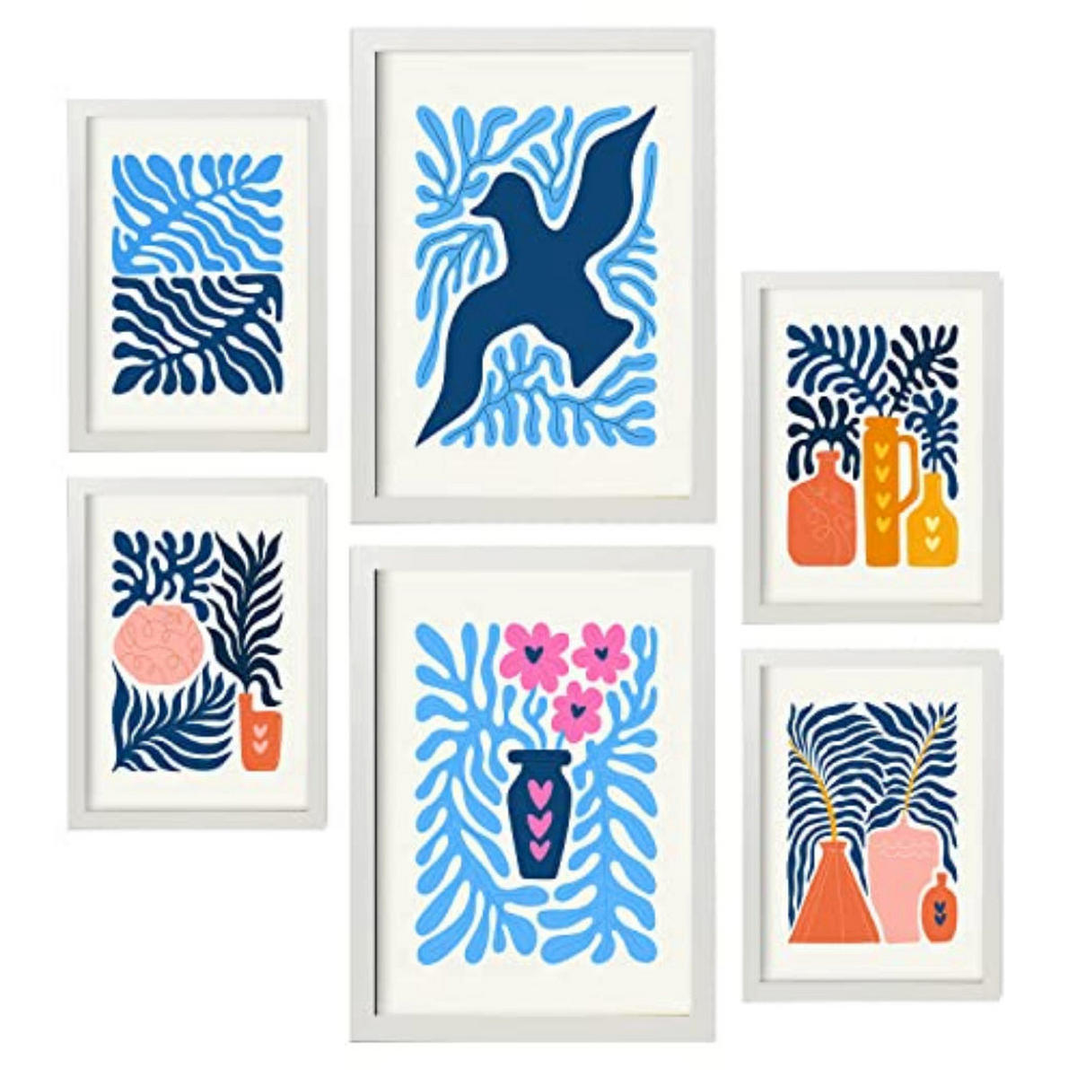 POSTER Set Mit 6 Minimalistischen In Leuchtenden Farben Blaue Blätter Drucke Von Landschaften Und Natur Für Innenarchitektur A3 & A4 Weißer Rahmen - Weiß, Papier (29/3cm) - Nacnic