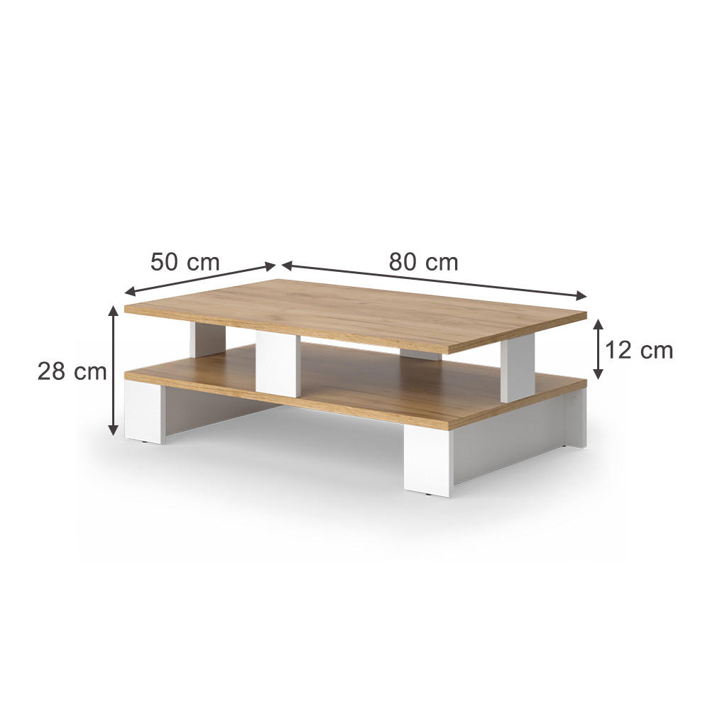 COUCHTISCH Belina Goldkraft Eiche/Weiß 80 x 50 cm mit zwei Ebenen - Honigeiche/Weiß, Holzwerkstoff (50/80/28cm) - Vicco