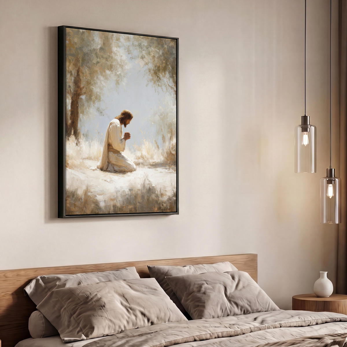 LEINWAND Bilder mit Rahmen - Jesus - Kniend - Waldlandschaft - Betend - 70x100 - Beige, Textil (70/100cm) - MuchoWow