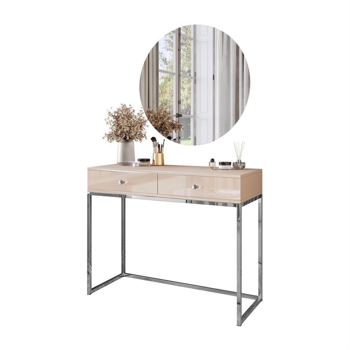 SCHMINKTISCH Blanco Glamour auf verchromtem Gestell mit LED-Spiegel Kristallgriff - Kaschmir/Silberfarben, Holzwerkstoff (100/81/42cm) - Lookway