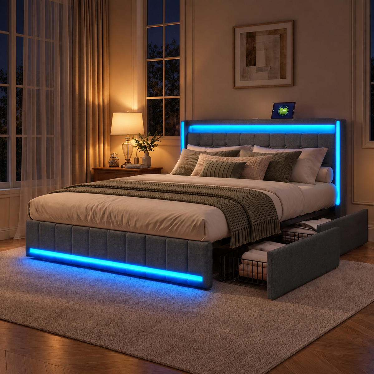 POLSTERBETT，BETT 160/200 cm Dunkelgrau,Mit 4 Schubladen, LED und Ladefunktion - Naturfarben/Grau, Holz/Textil (160/200cm) - FURNISHINGS HOME