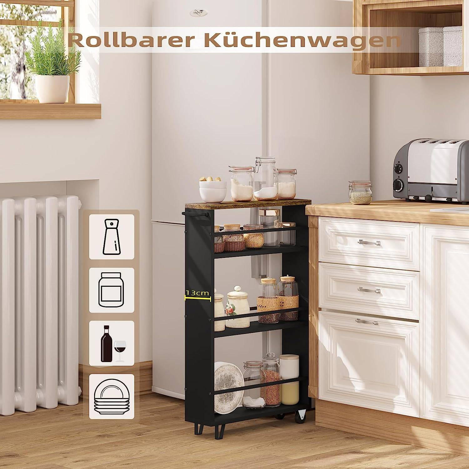 KÜCHENWAGEN mit 3 Ebenen, Griff und Bremsen ,Schwarz - Schwarz, Holzwerkstoff/Metall (47/80/13cm) - Woltu