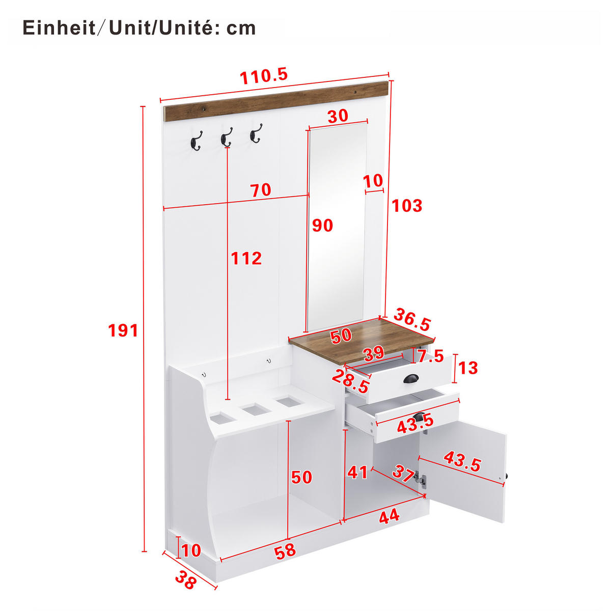 GARDEROBENSET Spiegel Haken Schubladen Schirmständer - Weiß, Holzwerkstoff (38/191/110.5cm) - FLIEKS