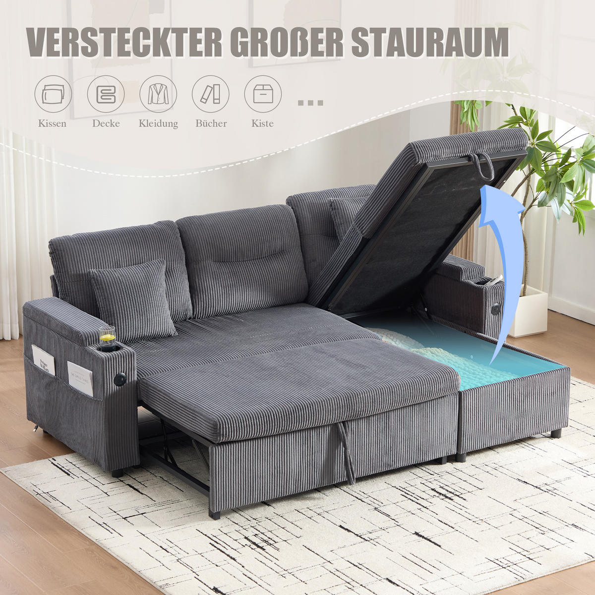 ECKSCHLAFSOFA 3-Sitzer Cord mit Stauraum Schubladenbett und USB-Anschluss Kohlegrau 212,5/136/86 cm - Grau, Textil (136/212.5cm) - Redom