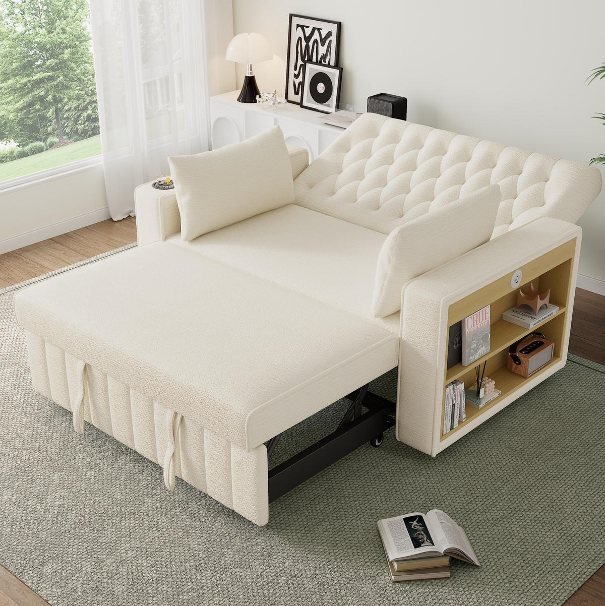 ROZKLÁDACÍ pohovka 140/137/84 cm béžová z chenille s USB a nastavitelnou opěrkou - béžová, textil (140/84/137cm) - OKWISH