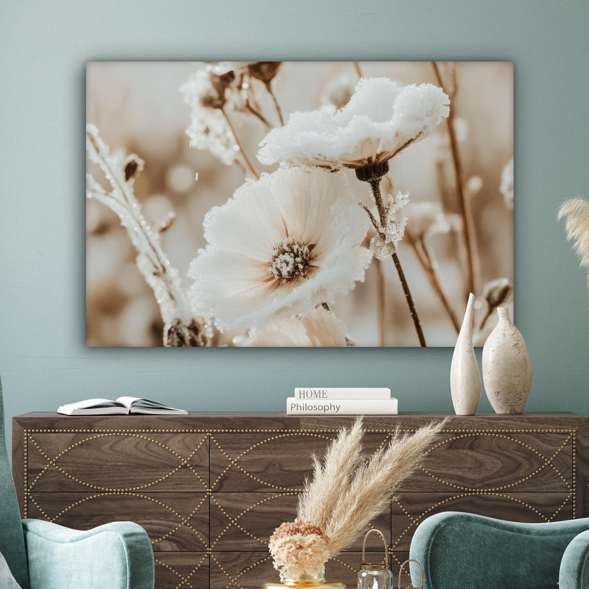 LEINWANDBILD Blumen - Winter - Weiß - Schnee - Beige Groß 140x90 cm - Creme, Textil (140/90cm) - MuchoWow