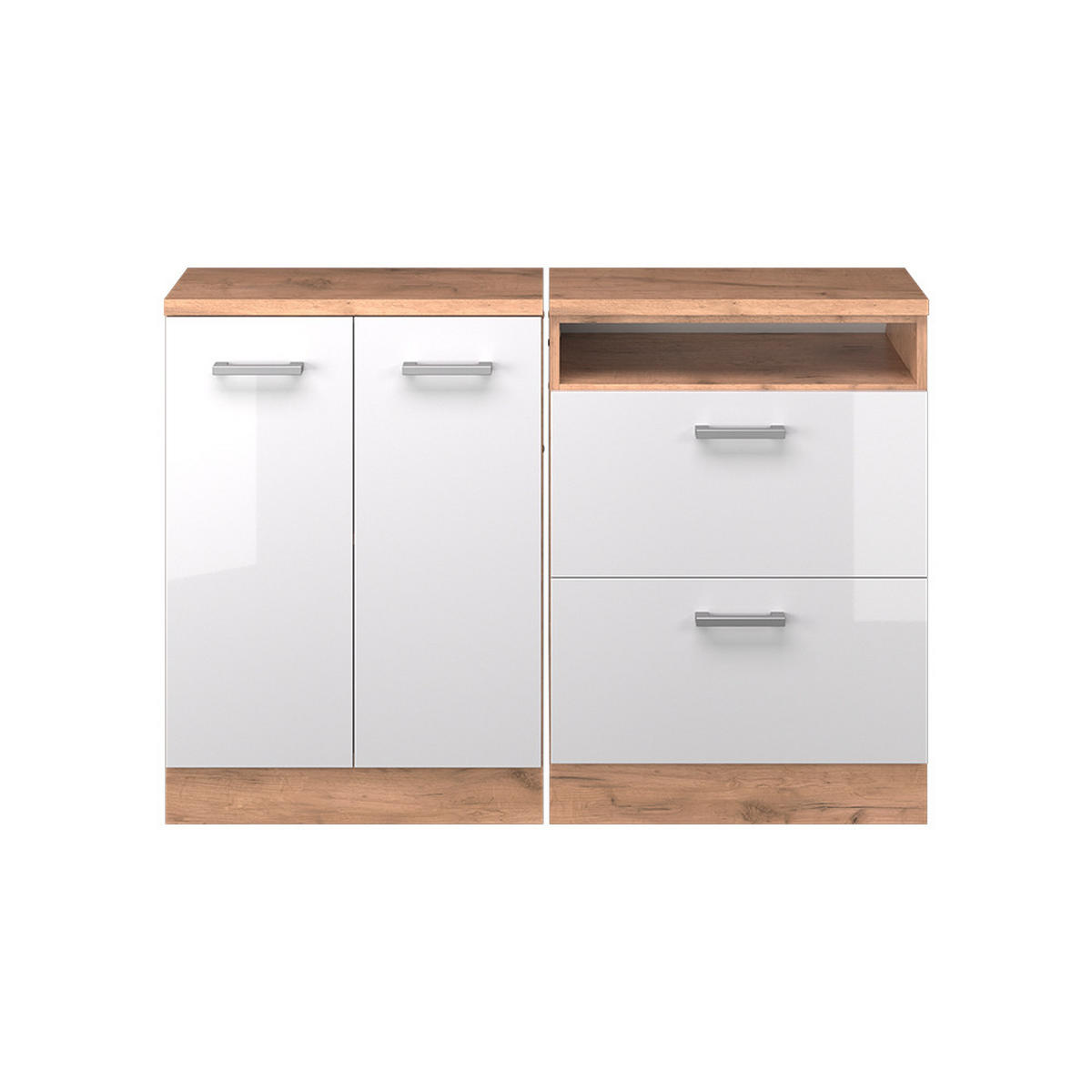 KUHINJSKI ORMAR ZA KOSINE KROVA R-Line Sjajna Bijela 120 cm Set od 2 korpusa ormara, dubina 60 cm - hrast medunac/bijela visoki sjaj, drvni materijal (120/83.8/60cm) - Vicco