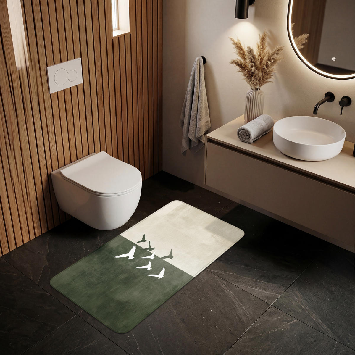 KOUPELNOVÁ PŘEDLOŽKA Japandi - Pták - Zelený 120x60 cm - olivově zelená, textil/plast (120/60cm)