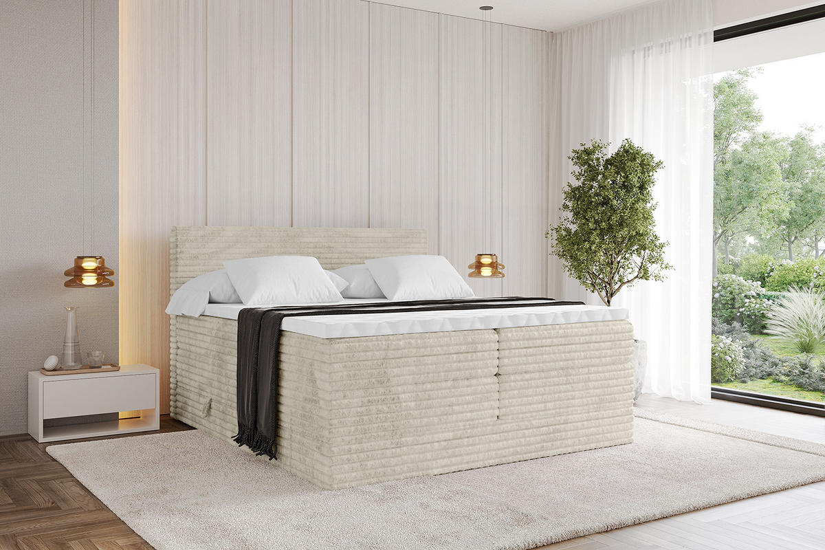 BOXSPRINGBETT mit Matratze H3|H4 und Lattenrost - TOLO KING-v1 140x200 Cord - Creme - Champagner, Holzwerkstoff (140/200cm)