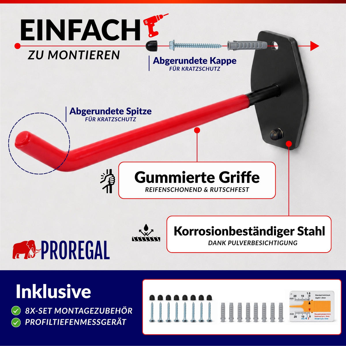 REIFENHALTER Wandhalterung PREX 8er Reifen Set HxBxT 9x5x25 cm Traglast 30 kg Rot Set für Garage Zum Anschrauben mit hoher Qualität - Rot, Metall (25/5/9cm) - PROREGAL