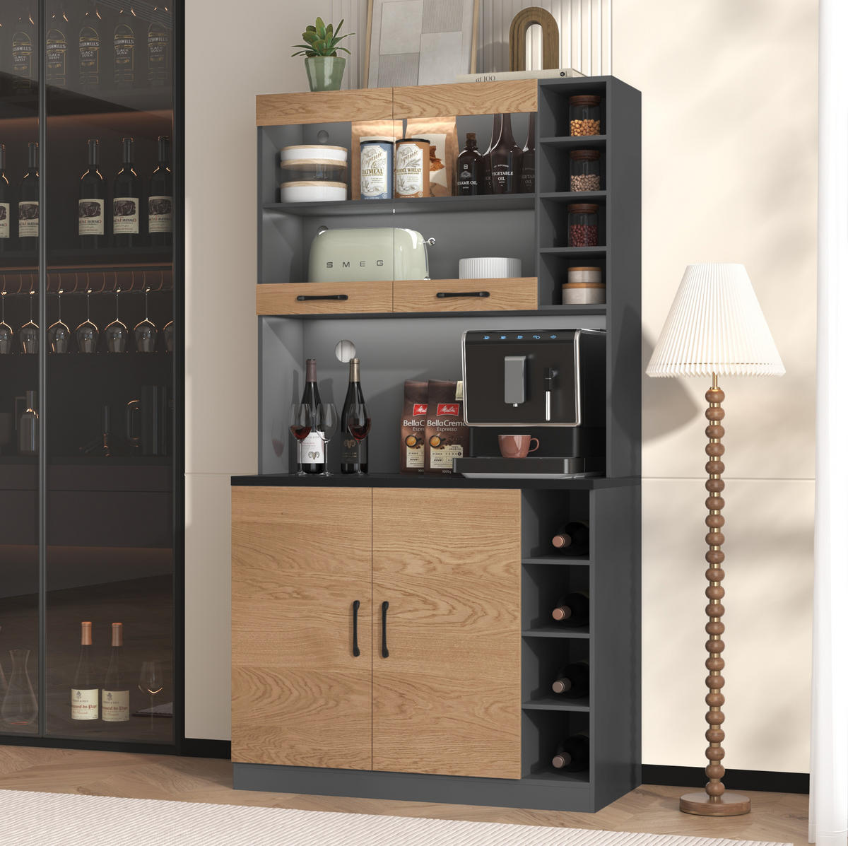 KÜCHENSCHRANK mit LED 100 x 47 x 187 cm Grau/Natur - Grau, Holzwerkstoff (47/187/100cm) - Meubliv