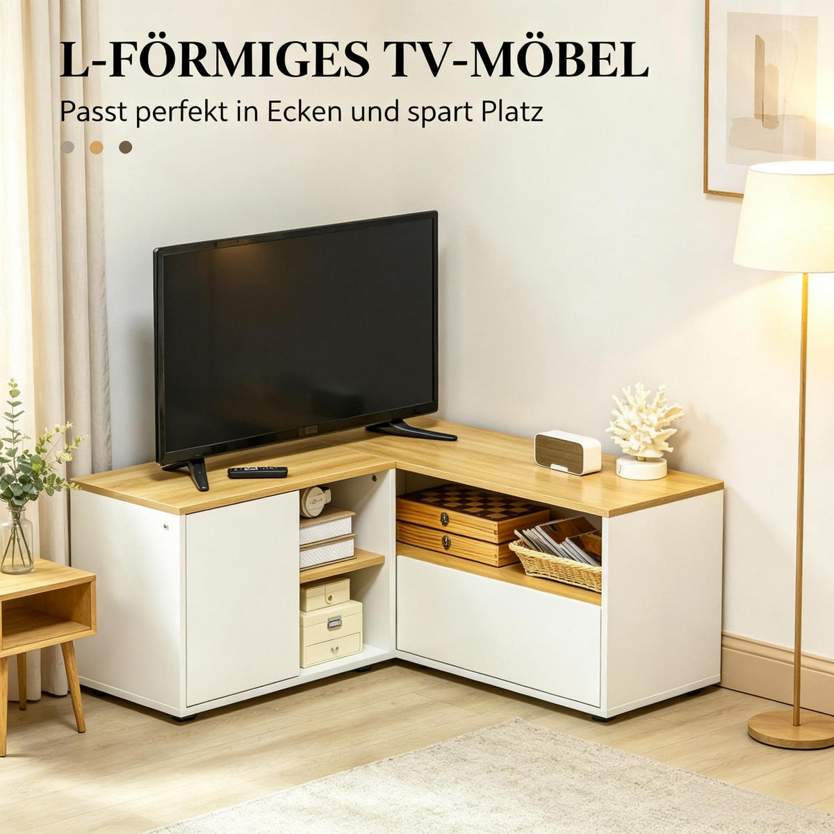 TV-SCHRANK DE-40512 L-förmig mit 2 Türen und 3 offenen Fächern Hellholz/Weiß - Weiß, Holzwerkstoff (90/45/90cm) - ComfortXL
