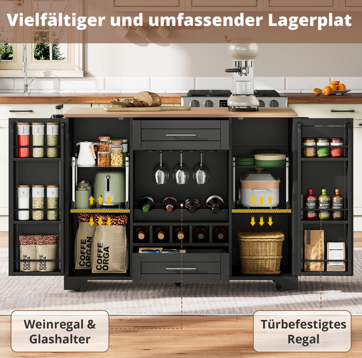 KÜCHENWAGEN 138/45/92 cm in Schwarz/Natur mit klappbarer Arbeitsplatte und Rollen - Schwarz, Holzwerkstoff (138/92/70cm) - Flora Grace