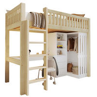 VISOKA postelja 90/200 cm naravna z mizo, garderobno omaro in predali iz bora in MDF - naravne barve, les (90/200cm) - OKWISH