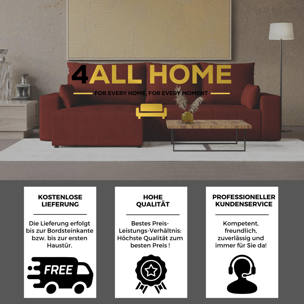 ECKSOFA Tico mit Bettkasten und Schlaffunktion, L-Form/XL-Form, Velourstoff, Universal - Weinrot, Holzwerkstoff (276/145cm) - 4ALL HOME