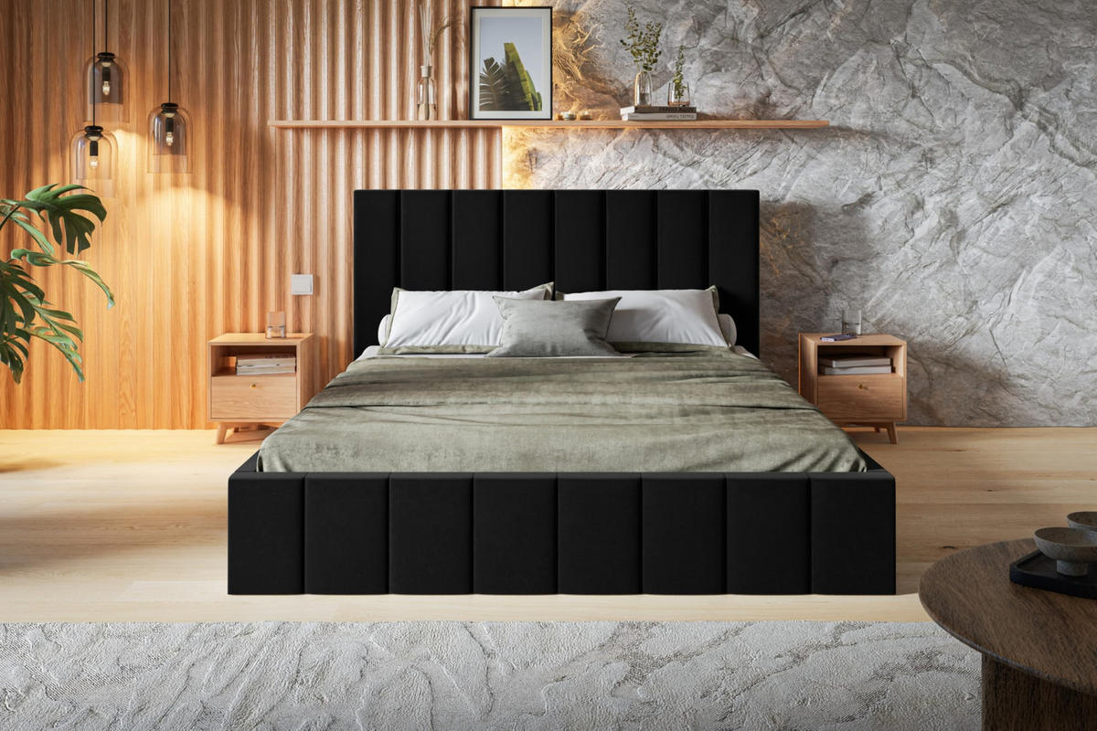 BETT 90x200 - Polsterbett mit Bettkasten und Holzrahmen - Modern Betten - Weicher Jasminstoff - Kollektion Toledo - Schwarz - Schwarz, Holz/Textil (90/200cm) - Alpi-Möbel