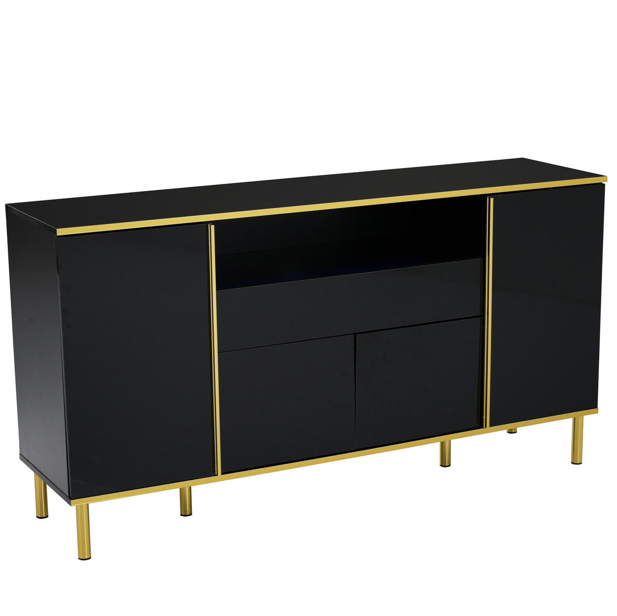 KOMODA, 150/40/80 cm, MDF a dřevotříska černá ve vysokém lesku, s LED a 4 dvířky - černá, kompozitní dřevo (150/80/40cm) - BEAOK