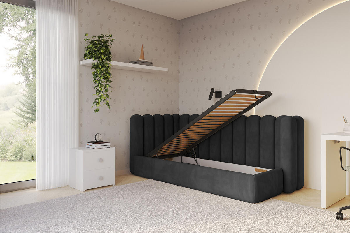 EINZELLBETT Jugendbett mit Bettkasten und Matratze H3/H4, Rechts - HUGY 100x200 Schwarz - Anthrazit, Holzwerkstoff/Textil (100/200cm) - ALTDECOR