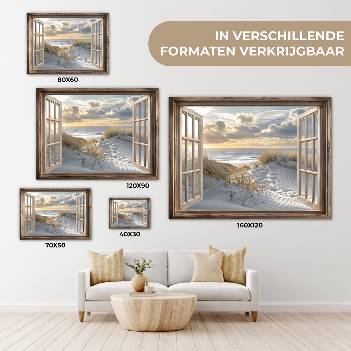 LEINWANDBILD Ausblick - Strand - Dünen - Meer - Natur Wandbild 40x30 cm - Sandfarben, Textil (40/30cm) - MuchoWow