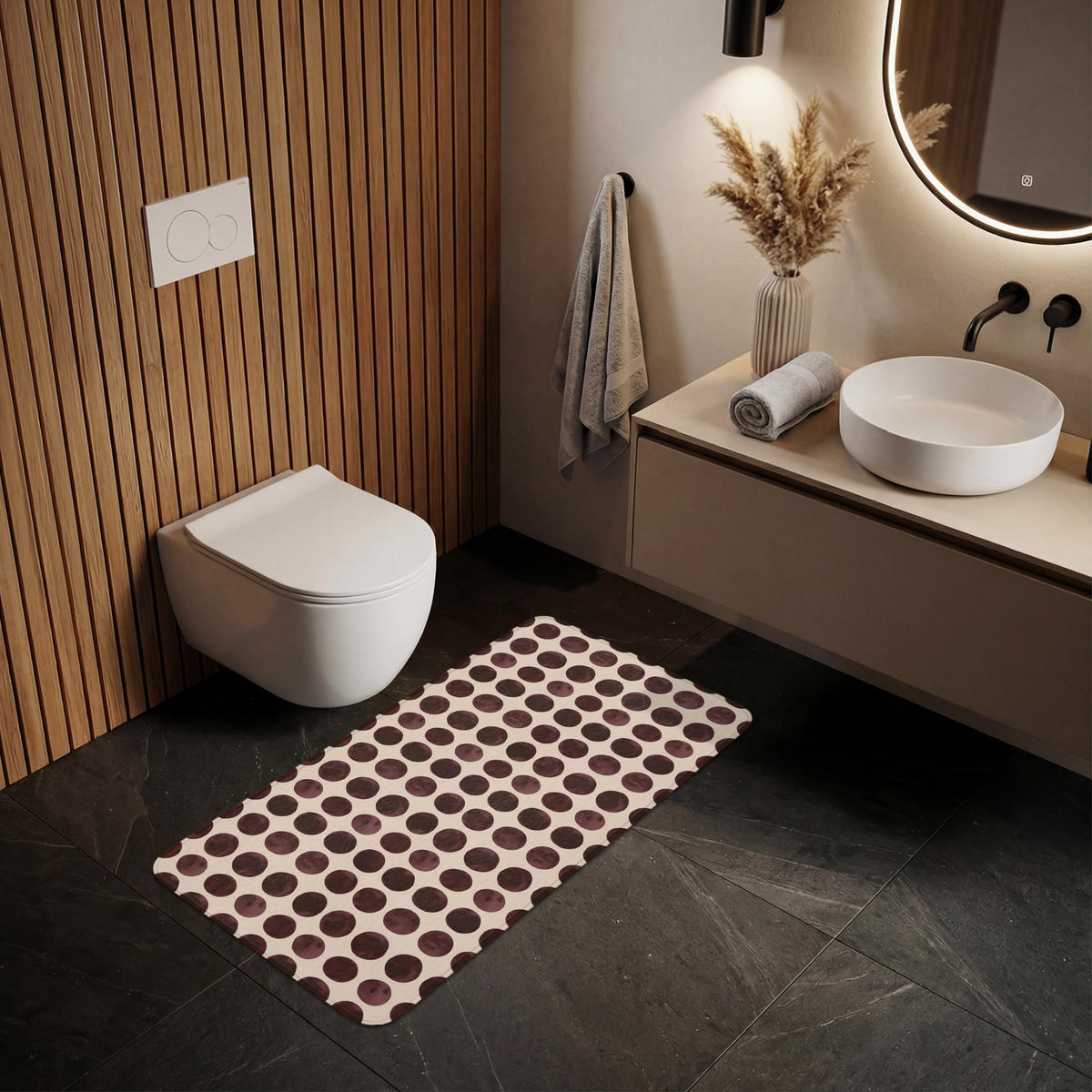 WC PŘEDLOŽKA Puntíky - Vzor - Hnědý 120x60 cm - bordeaux, textil/plast (120/1cm) - OnlyWow