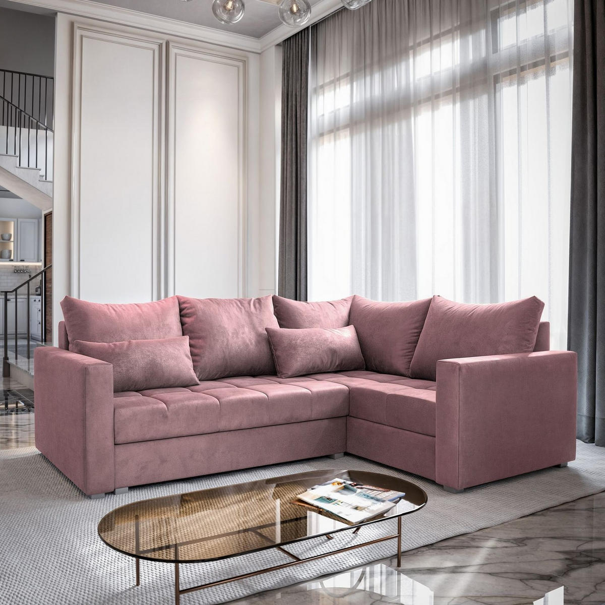 ECKSOFA LIRENO R-S Rosa Plüsch-Stoff mit Schlaffunktion - Rosa, Holz (220/153cm) - MASSENO